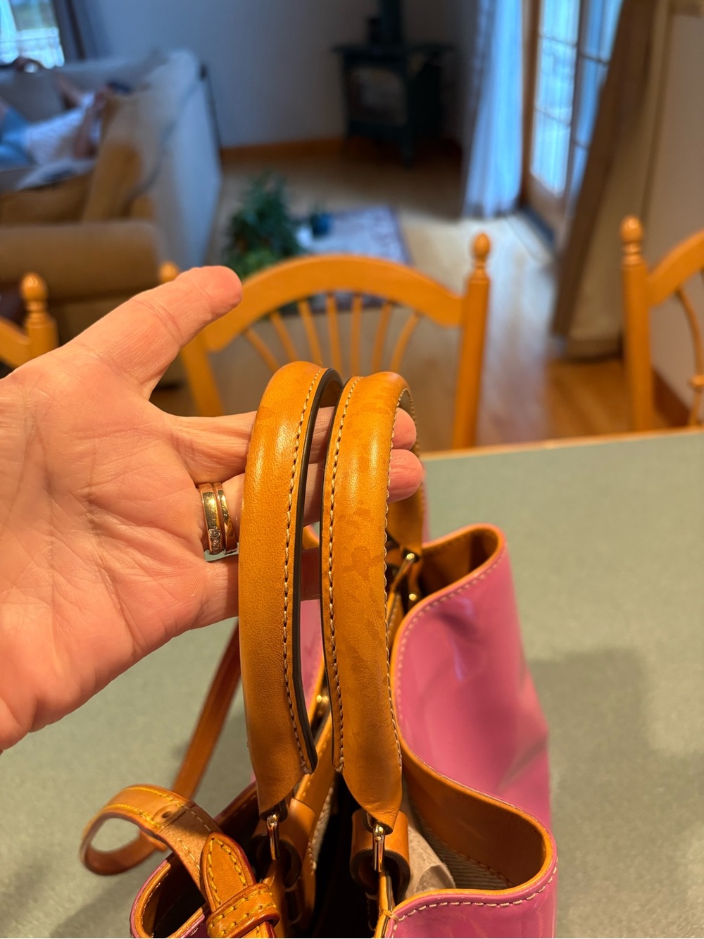 Dooney & Bourke Hot Pink Patent Satchel with Tan Trim - Picture 7 of 13